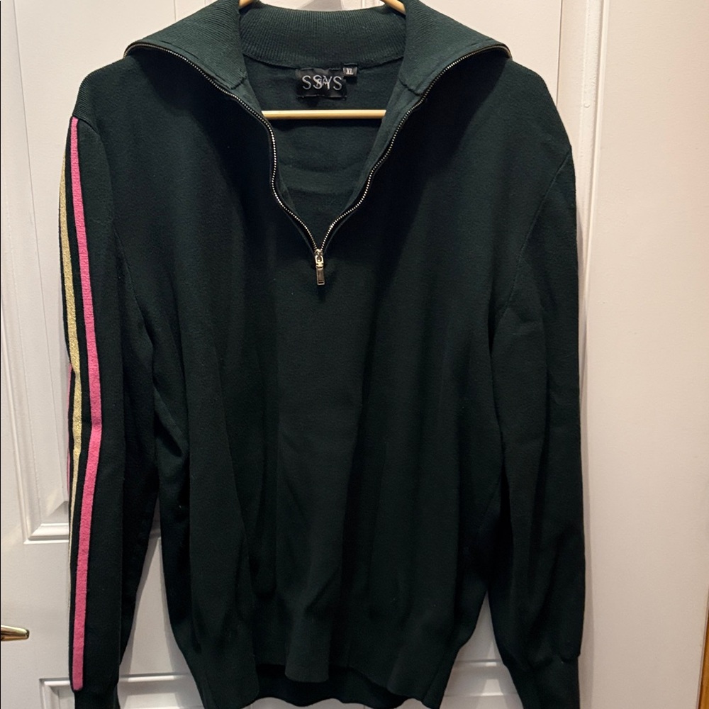 SSYS Dark Green Half-Zip Sweater with Pink & Gold Sleeve Stripes